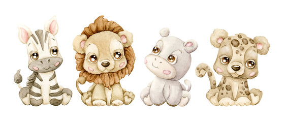 Obraz premium Cute Zebra Lion Hippo Leopard Tropical Exotic African beige animals Adorable wildlife. Watercolor illustration isolated