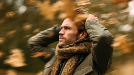 Dynamic lifestyle shot of a man adjusting his scarf in the wind while wearing fall layers, with blurred motion leaves adding seasonal movement to the scene