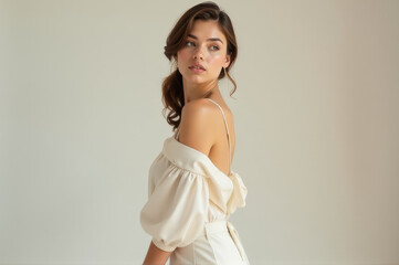 A woman poses in a white dress, looking directly at the camera