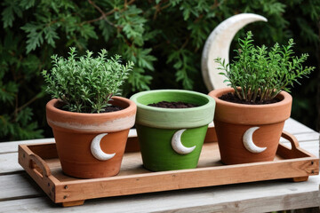Three ceramic plant pots with greenery on a decorative tray