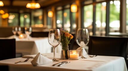 candlelight dinner for two in romantic setting, wine glasses and flower centerpiece