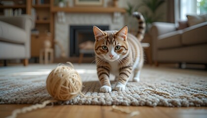 A cat chasing a ball of yarn in the living room
