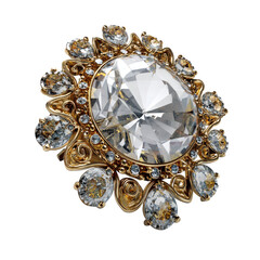 A luxurious gold brooch featuring a large central oval diamond surrounded by smaller round and teardrop-shaped diamonds in an intricate design.