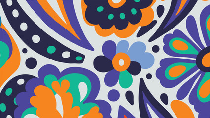 Naklejka premium Floral pattern with abstract shapes and vibrant colors including orange purple and teal on white background