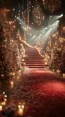 Elegant Christmas staircase adorned with festive decorations and warm lights during a holiday celebration