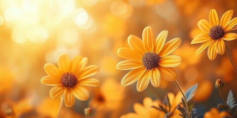 Vibrant yellow flowers bloom in a sunlit garden during a warm afternoon in late summer