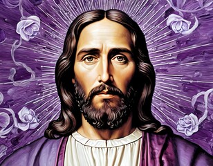 A striking portrayal of Christ, exuding tranquility and strength, encompassed by glowing rays and soft roses that enhance the spiritual atmosphere and essence of reverence Generative AI