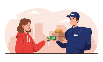 A woman pays for an order to the courier