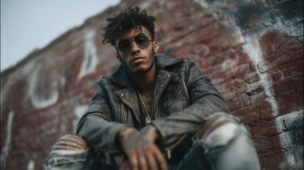 Obraz premium Edgy fashion look featuring a young adult in a leather jacket, ripped jeans, and bold sunglasses, leaning against a brick wall with attitude