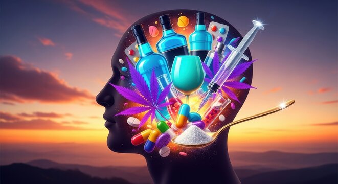 Conceptual illustration of a human head silhouette filled with symbols of drug and alcohol addiction. - Powered by Adobe