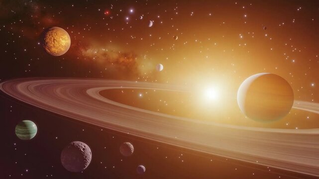 A captivating space scene featuring planets, stars, and the sun, with stunning light effects. A mesmerizing depiction of the universe, perfect for science and exploration themes