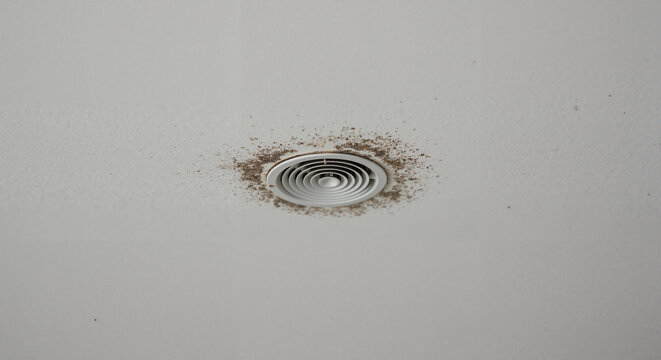 Exhaust fan vent with dust buildup on white ceiling  