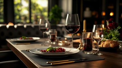 Obraz premium close-up of luxury dinner table setting with red wine, elegant detail