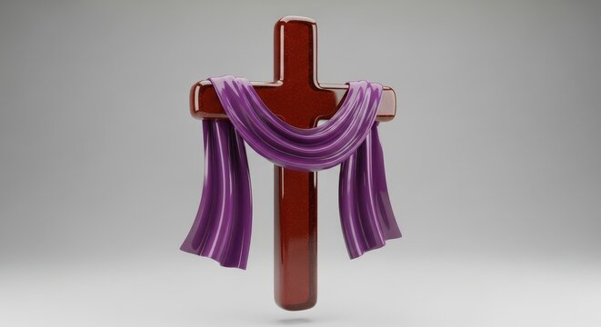 Glossy 3d render of a dark brown cross draped with purple cloth