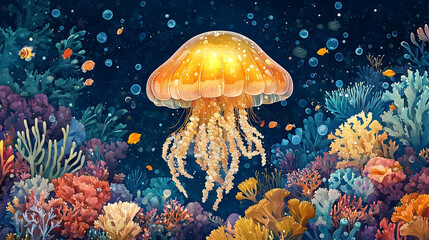Vibrant underwater scene with a large jellyfish and colorful coral reef.
