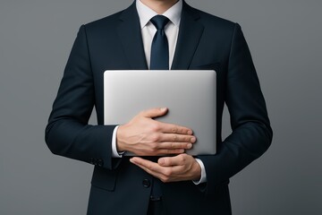 Businessman in a suit holding a laptop, ready for professional work.