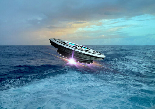 UAP flying above ocean, illustration