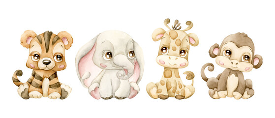 Cute Tiger Elehpant Giraffe Monkey. Tropical African Safari animals. Adorable wildlife. Watercolor illustration isolated