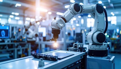 Fototapeta premium Advanced robotic arm performing precision assembly in a high-tech manufacturing facility