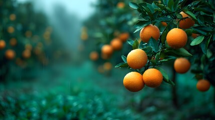 Oranges hanging heavy tree under dark monsoon sky green field below citrus grove peak yield during seasonal weather shift moody overcast citrus field background 