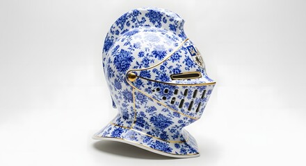 Fototapeta premium Ceramic knight helmet porcelain armor floral pattern decor blue and white decorative helmet art piece