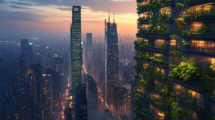 Obraz premium Futuristic city skyline with vertical gardens