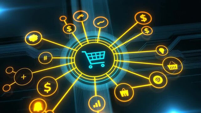 Futuristic digital e-commerce network with glowing shopping cart connecting to financial icons - Powered by Adobe