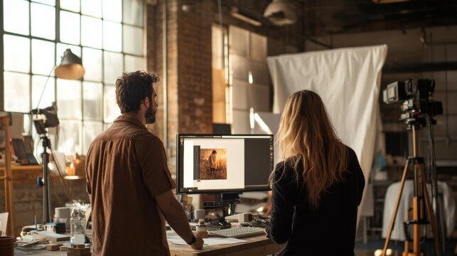 Designer and fashion photographer collaborating in studio
