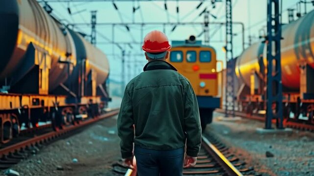 A man in a safety helmet stands in front of a train