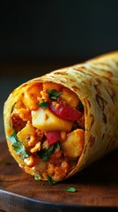 Deliciously spiced wrap filled with potatoes and vegetables served on a wooden board