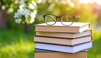A stack of colorful books with glasses resting on top, surrounded by blooming flowers in sunlight