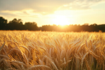 Obraz premium Golden Wheat Field Background with Ripe Crops under Natural Light