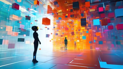 Futuristic digital space with figures