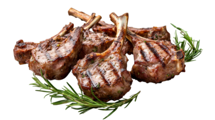 Grilled lamb chops served with fresh rosemary enhance a rustic dining experience ideal for a vibrant outdoor gathering in the warm afternoon sun.