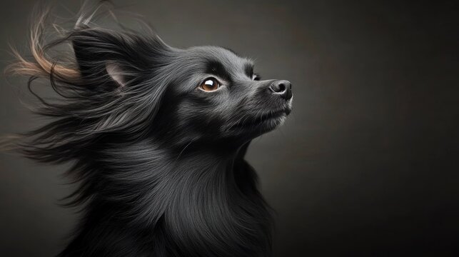 dog breed with long flowing hair, dramatic wind-blown look