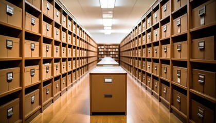 Organized archive room with rows of file cabinets and a central table, showcasing order and efficiency