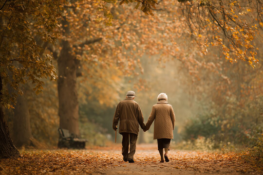 An elderly couple holding hands while walking through a park in autumn, fallen leaves on the path, warm color tones.