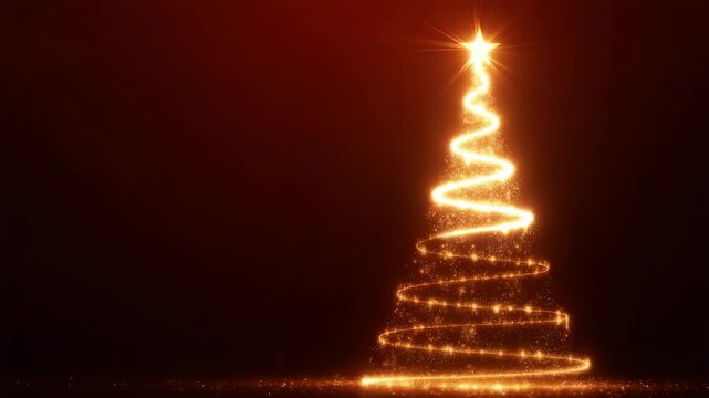 Magical spiral of golden light forming a Christmas tree with glowing star topper