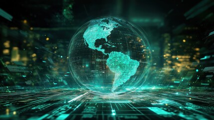 Futuristic globe over a digital city