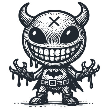 Creepy-cute demon vector character. Small monster with horns, X mark, bat cape & wide grin. Retro linocut style art for edgy, fun, Halloween designs.