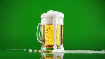 Overflowing beer mug against green screen with dynamic foam splash and motion. Beverage, drink, refreshing