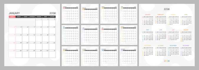 Monthly calendar rainbow square planner schedule for 2026 year. Week Starts on Sunday