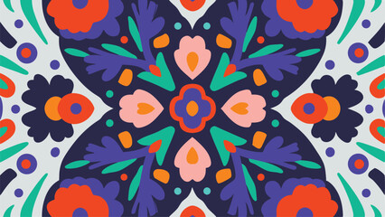 Floral kaleidoscope pattern with symmetrical arrangement of colorful blossoms and leaves design art