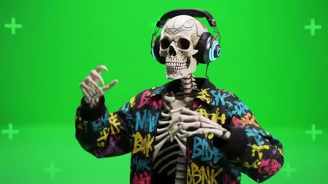 Animated skeleton dj wearing headphones and streetwear dancing on green screen background