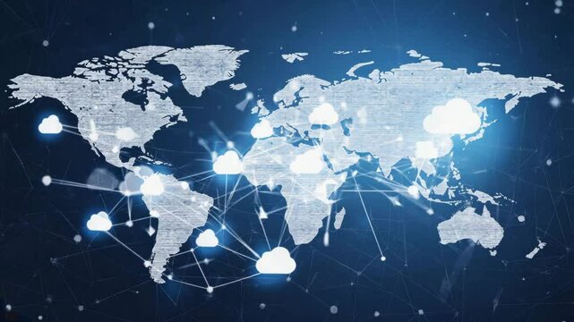 Digital world map with connected cloud icons representing global cloud computing network infrastructure - Powered by Adobe