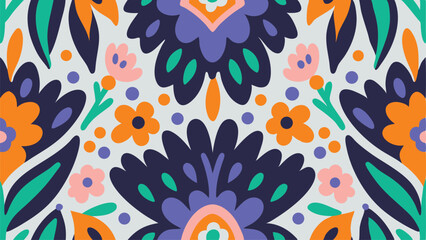 Naklejka premium A vibrant floral pattern with symmetrical arrangement of flowers leaves and decorative elements design art