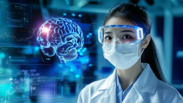 Young asian female scientist in laboratory analyzing digital brain interface technology. Healthcare, science, medical, futuristic