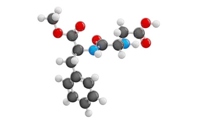 Aspartame molecule isolated on transparent background. Detailed 3D model of artificial sweetener. Molecular formula: C14H18N2O5. Chemical model: Ball and Stick. 3D illustration