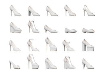 Set of white ladies shoes isolated on transparent background. 3D illustration.