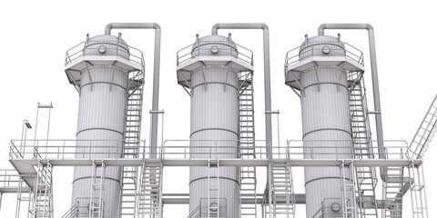 Wireframe model of refraction towers isolated on transparent background. Blueprint of chemical facility for natural gas production. 3D illustration.